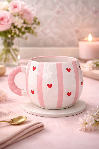 Kotium Ceramics كوب منقوش بتصميم قلب مخطط باللون الوردي، كوب سيراميك مصنوع يد...