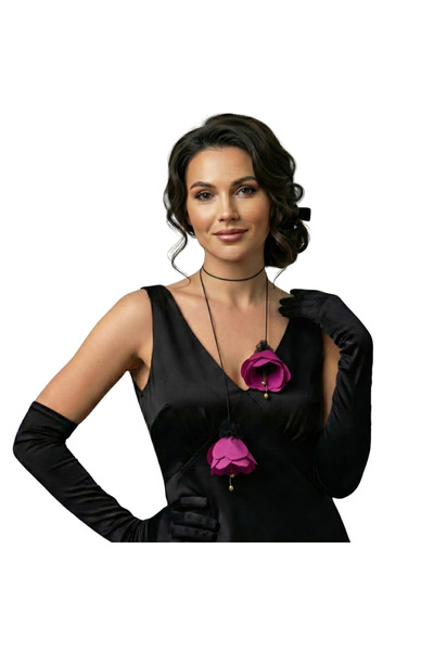 OEM Χειροποίητο Κολιέ με Μωβ Παπαρούνες, Μαύρο Κορδόνι 125 εκ., Υφασμάτινα Λο...