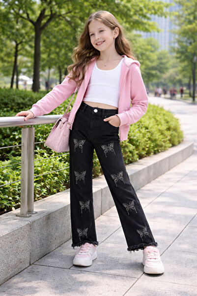 NAWİ 26904-26 Pantaloni din denim pentru fete, cu detaliu fluture, croială dr...