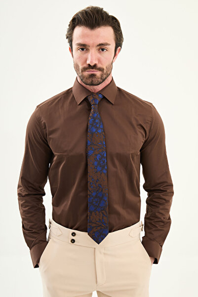 Mcr Plain Slim Fit Satin Classic Men's Shirt Coffee - 37920.19Y
