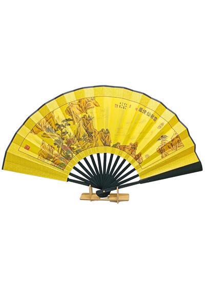 Dünyadan Hediyeler Çin Bambu Keten Kumaş Yelpaze 05BSE Siyah Büyük Boy 60cm N...