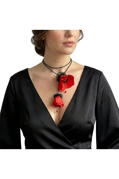OEM Χειροποίητο Κολιέ με Κόκκινα Παπαρούνια, Μαύρο Κορδόνι 125 εκ., Υφασμάτιν...