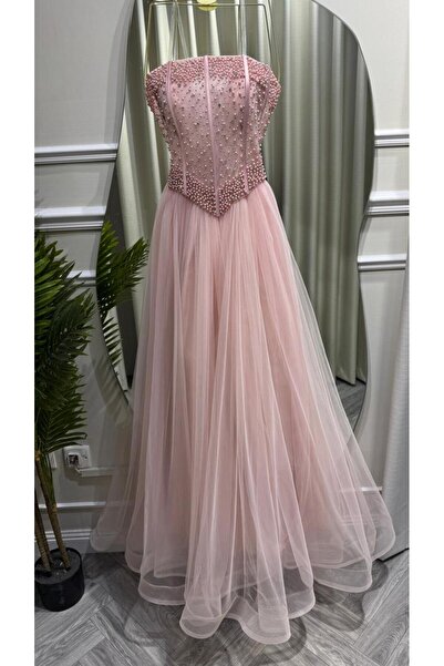 Jood Pink Tulle Evening Dress with Beaded Chest and No Sleeves