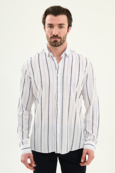 Mcr Striped Slim Fit Long Sleeve Men's Shirt White-Navy Blue - 27130.26Y