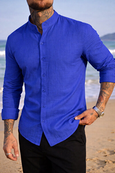 BLUE STREET Men's Regular Fit Lapel Collar Linen Look Shirt
