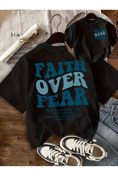 AEMİ Μπλουζάκι Unisex με στάμπα Faith Over Fear, Oversize Crew Neck