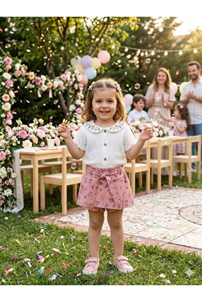 balımbebe Kız Bebek Çiçek Nakışlı Müslin Gömlek ve Çiçekli Şort Etek Takımı