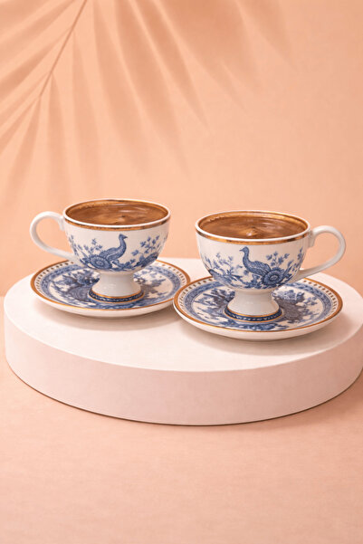 Edora Home 2 Kişilik Beyaz/Mavi Tavus kuşu Desenli, İnce Kenar Detaylı Türk K...