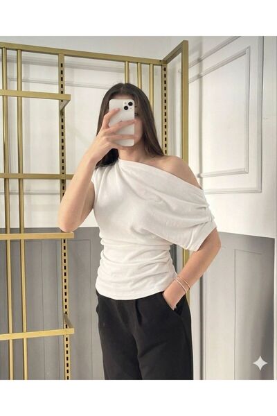 peri tower Drape/Ruched Detailed Draped Asymmetric Collar Knitted Crepe Fabri...