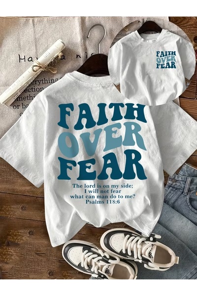 AEMİ Μπλουζάκι Unisex με στάμπα Faith Over Fear, Oversize Crew Neck
