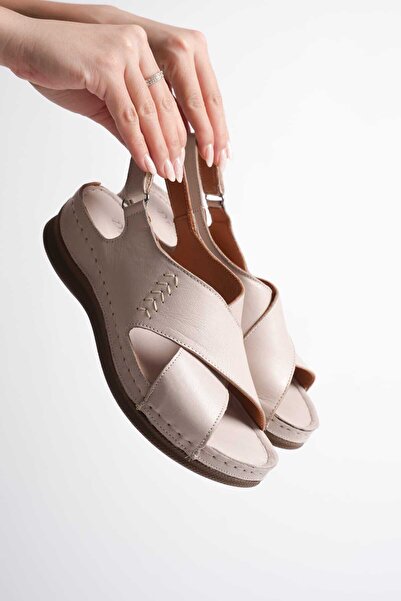 AYAKKABİSEPETİ Inside and Outside Genuine Leather Orthopedic Silver Women's S...