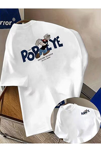 AEMİ Unisex Popeye Temel Reis Σαπούνι Oversize Μπλούζα με Στάμπα Crew Neck