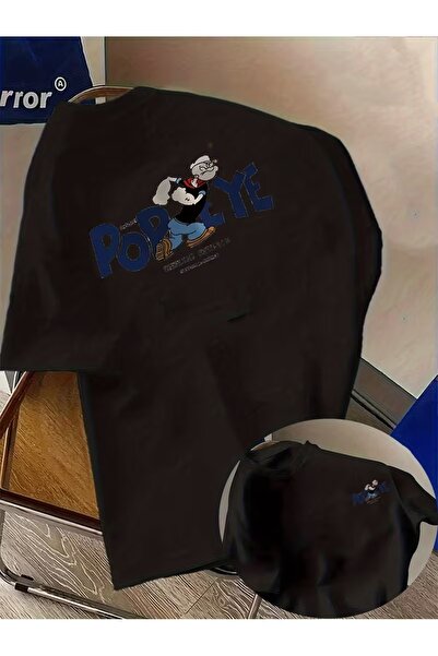 AEMİ Unisex Popeye Temel Reis Σαπούνι Oversize Μπλούζα με Στάμπα Crew Neck