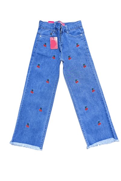 YDBKStore Girl's Wide-Leg Comfortable/Loose-Fit Embroidery Cherry Appliqué Detailed Jean Denim Trousers