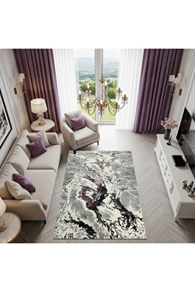 SELECT Μοντέρνο Χαλί Μαρμάρινο Γκρι Λευκό Δίχρωμο με Τυρκουάζ Αντιολισθητικό