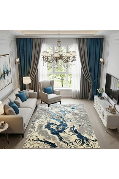 SELECT Μοντέρνο Χαλί Μαρμάρινο Γκρι Λευκό Δίχρωμο με Τυρκουάζ Αντιολισθητικό