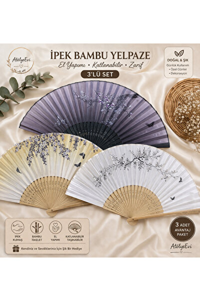 AtölyeEvi 3’lü İpek Bambu Yelpaze Seti El Yapımı Katlanabilir Dekoratif