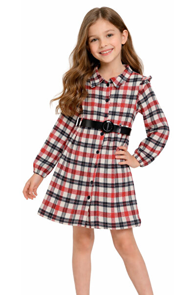 İrem Çocuk Giyim Girl's Button Closure Belted Plaid Patterned Red Color Midi ...