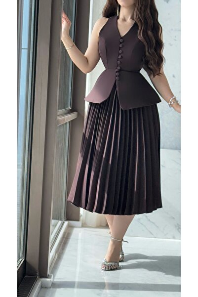 DARBEST Brown Midi Pleated Jacket Design Evening Dress Women's Occasion Dress