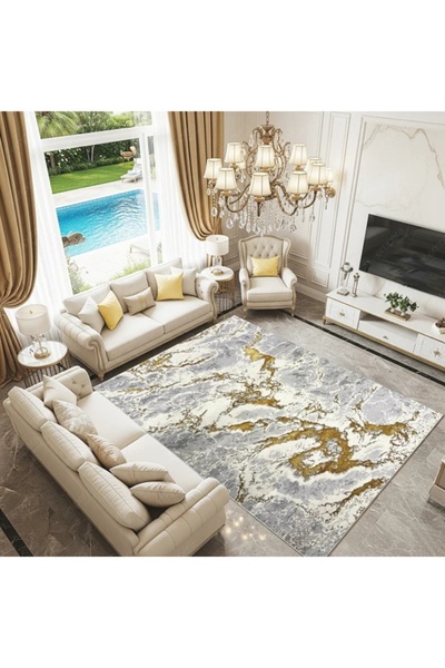 SELECT Μοντέρνο Χαλί Μαρμάρινο Γκρι Λευκό Δίχρωμο με Τυρκουάζ Αντιολισθητικό