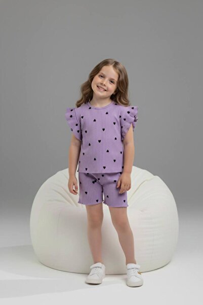 pebby Girl's Heart Patterned Ruffle Gathered Sleeves Ribbed Stretch Shorts Set