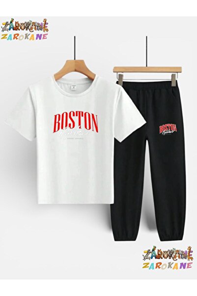 ZAROKANE Boston Text Printed Top-Bottom Tracksuit/T-Shirt Two-Piece Children'...