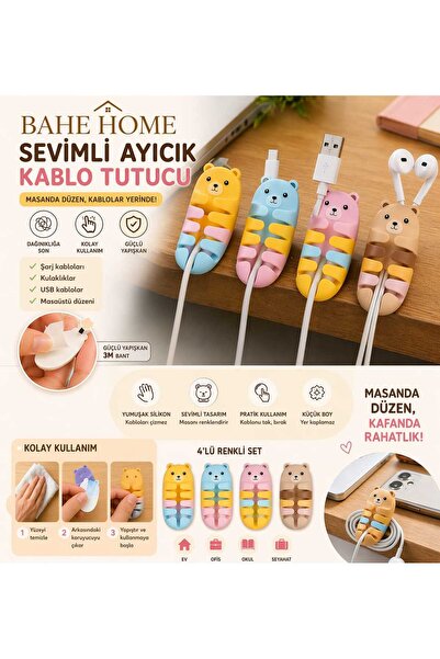 bahe home 1 Adet Sevimli Ayıcık Kablo Tutucu Yapışkanlı Silikon Kablo Düzenle...
