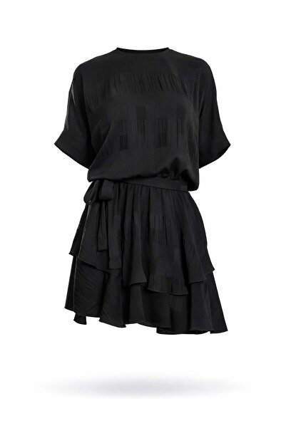 5in1Canpolat Μαύρο φόρεμα ζακάρ με ζώνη 0059