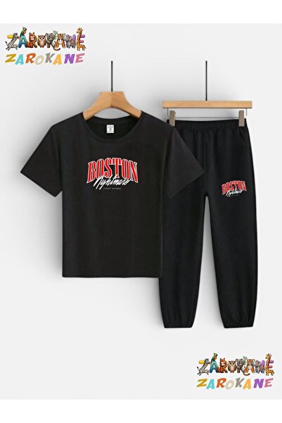ZAROKANE Boston Text Printed Top-Bottom Tracksuit/T-Shirt Two-Piece Children'...