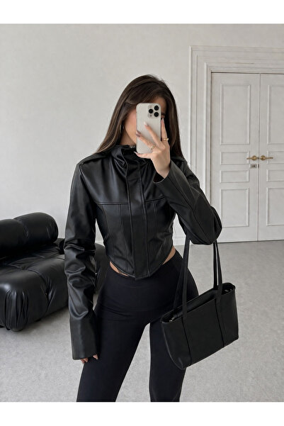 Ekim Store Μπουφάν με κορσέ που τονίζει τη μέση Κοντό Δερμάτινο