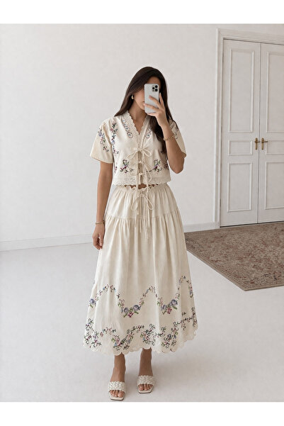 Ekim Store Embroidered Skirted Washable Linen Set