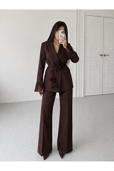 Ekim Store Çiçek Bağcıklı Kolları Tül Blazer Takım