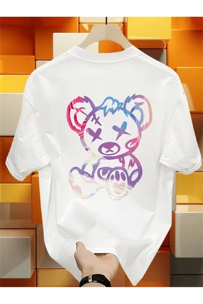 AEMİ Unisex πολύχρωμο μπλουζάκι με στάμπα αρκουδάκι και λαιμόκοψη oversize