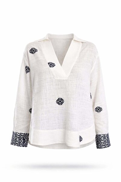 5in1Canpolat Εκρού πουκάμισο με έθνικ σχέδια 00375