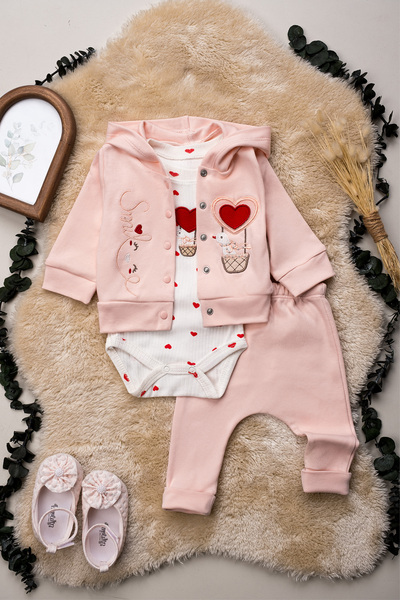 Hopy Kids 1031 Nakışlı %100 Pamuk Kız Bebek 3'lü Takım 3-6-9 Ay Kompak Penye