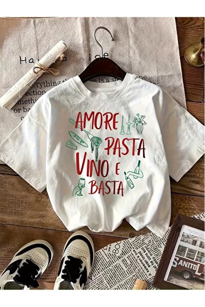 AEMİ Tricou unisex Amore Pasta Vino E Basta cu imprimeu, supradimensionat, cu...