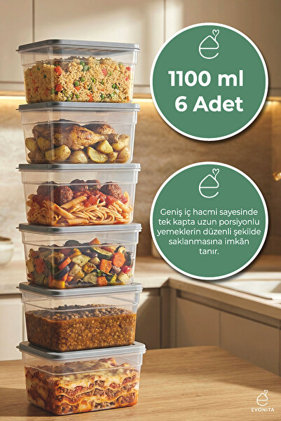 EVONİTA Σετ δοχείων αποθήκευσης 6 τεμαχίων 1100 ml με καπάκια Πλαστικός οργαν...