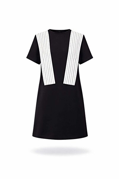 5in1Canpolat Μαύρο ριγέ φόρεμα με λεπτομέρεια δεσίματος σάλιου 2410