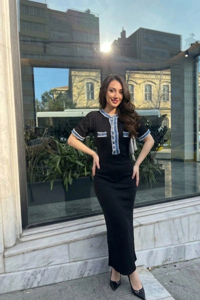 URİS Γυναικείο μαύρο κομψό τζιν μακρύ φόρεμα με λεπτομέρειες και κουμπιά (S/M)