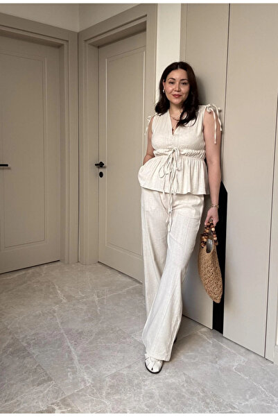 jöns since 1997 Women's Shoulder and Waist Tied Linen Blouse-Pants Two-Piece Set