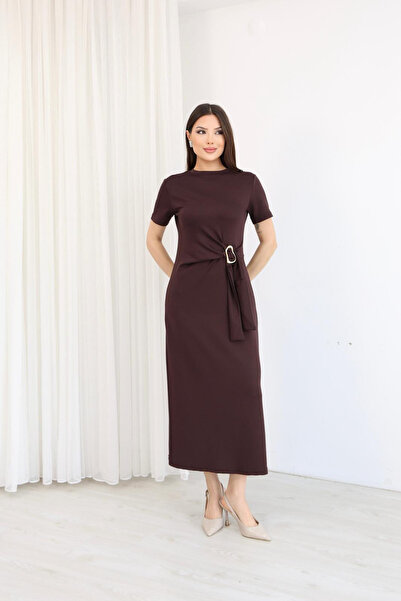 MİROR Γυναικείο φόρεμα μίντι με ζώνη και αγκράφα