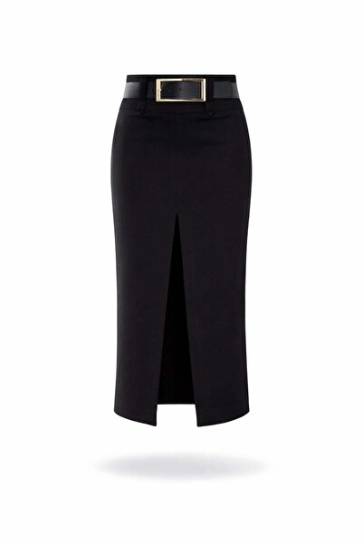 5in1Canpolat Μαύρη μίντι φούστα με ζώνη και σκίσιμο 4157