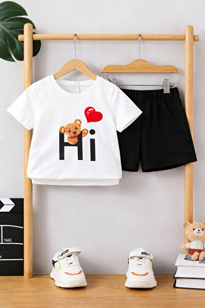 MESALİNE KİDS Children's White Hi Printed Shorts—T-Shirt Set