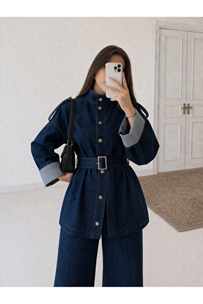 Ekim Store Ντενιμπρέ τζιν σετ με ψηλό γιακά και ζώνη σε μπλε ναυτικό χρώμα