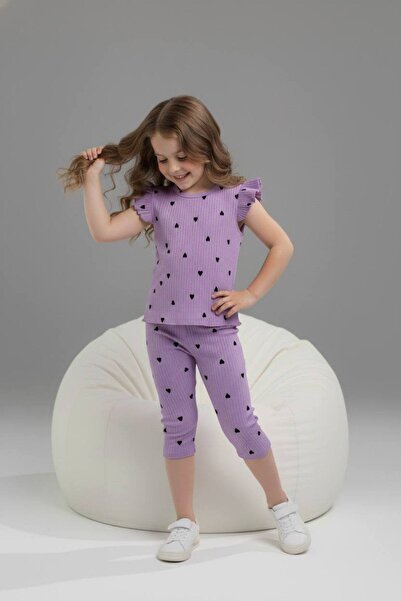 Yağmur Giyim PJKSKT Σετ κοντομάνικο για κορίτσια με μοτίβο καρδιάς, ριμπ ύφασ...