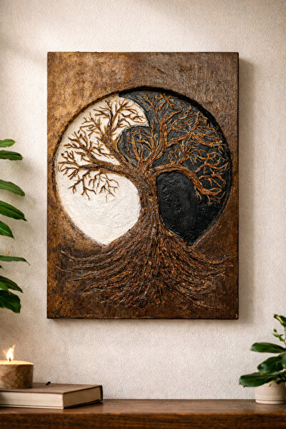El Yapımı Hayat Ağacı Yin Yang Tablo 35x50 cm | Dekoratif Kabartma Duvar Tablosu