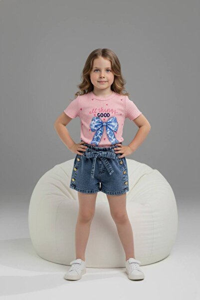 pebby Ecru Crew Neck Printed Corduroy T-Shirt and Denim Skirt 2-Piece