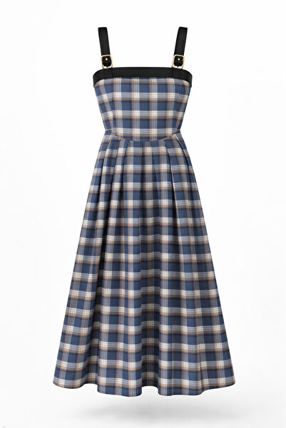 HAZELANNA Καρό Μίντι Φόρεμα σε Ναυτικό Μπλε με Τιράντες