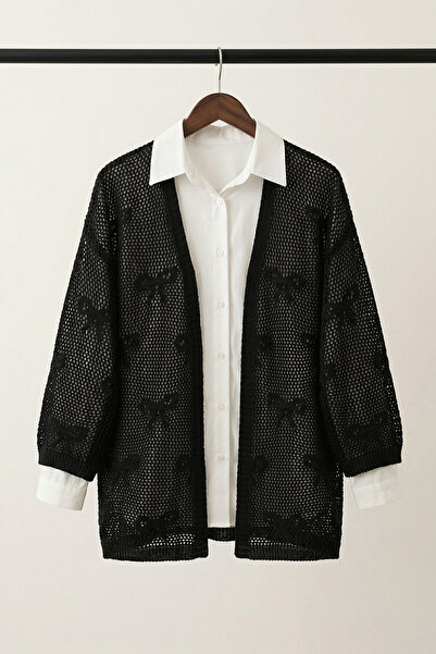 MODAQU Bow Pattern Knitwear Openwork Cardigan - Black