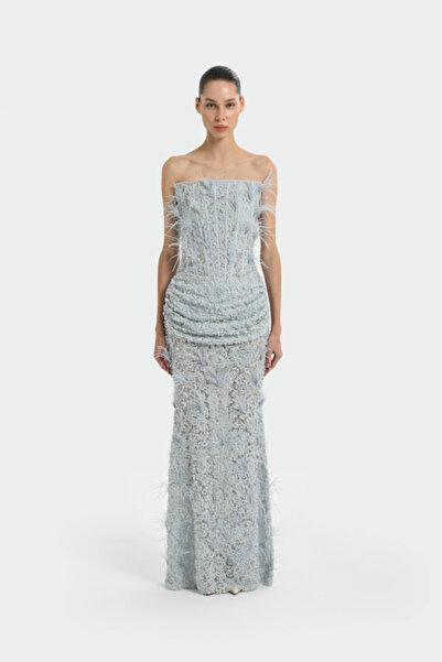 cercis KADIN ABİYE KORSAJ VE BALEN DETAYLI TÜY İLAVELİ DANTEL UZUN ŞIK ELBİSE